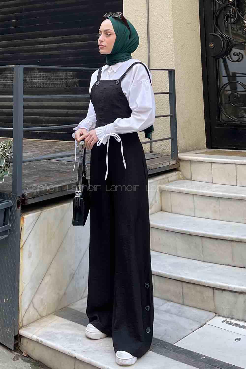 Lamelif  Paça Düğme Detaylı Keten Salopet Siyah