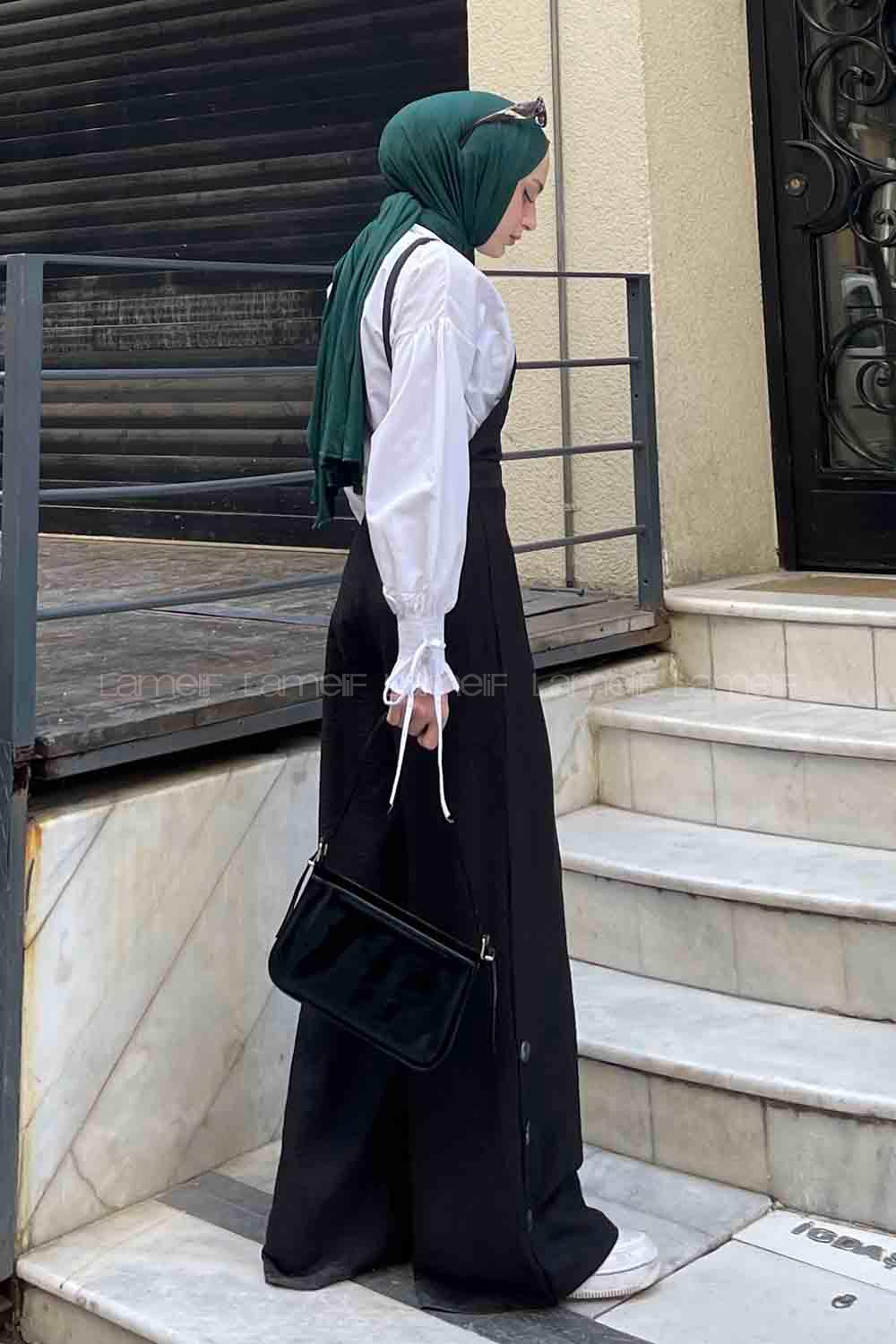 Lamelif  Paça Düğme Detaylı Keten Salopet Siyah