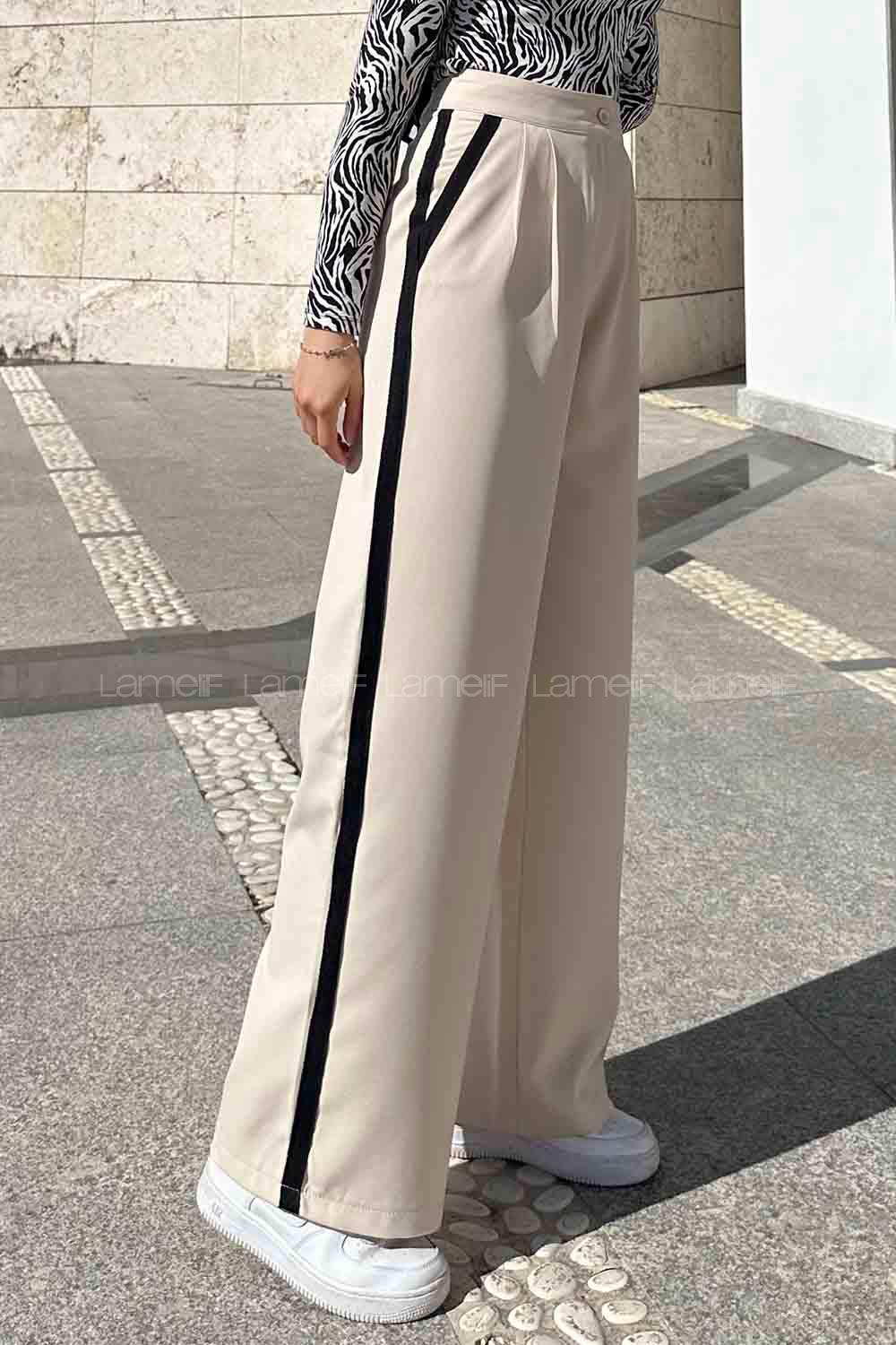 Lamelif Şerit Detaylı Palazzo Pantolon Bej