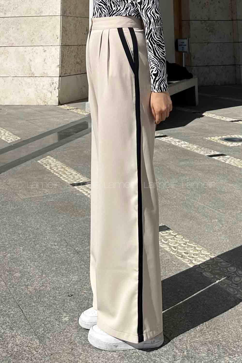 Lamelif Şerit Detaylı Palazzo Pantolon Bej