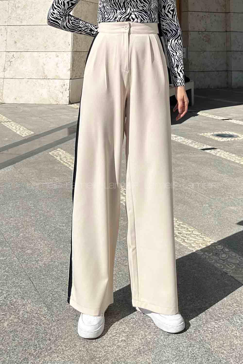 Lamelif Şerit Detaylı Palazzo Pantolon Bej