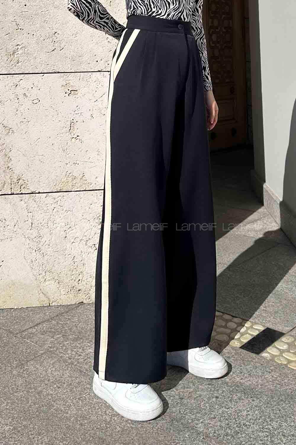 Lamelif Şerit Detaylı Palazzo Pantolon Siyah