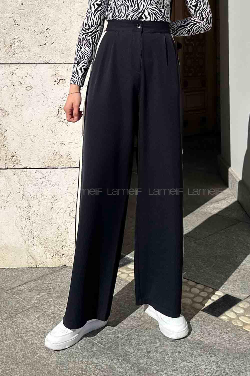 Lamelif Şerit Detaylı Palazzo Pantolon Siyah