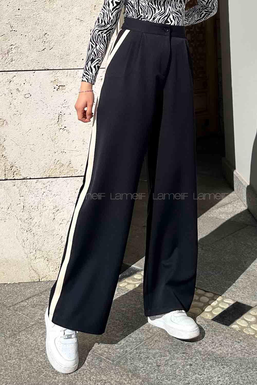 Lamelif Şerit Detaylı Palazzo Pantolon Siyah