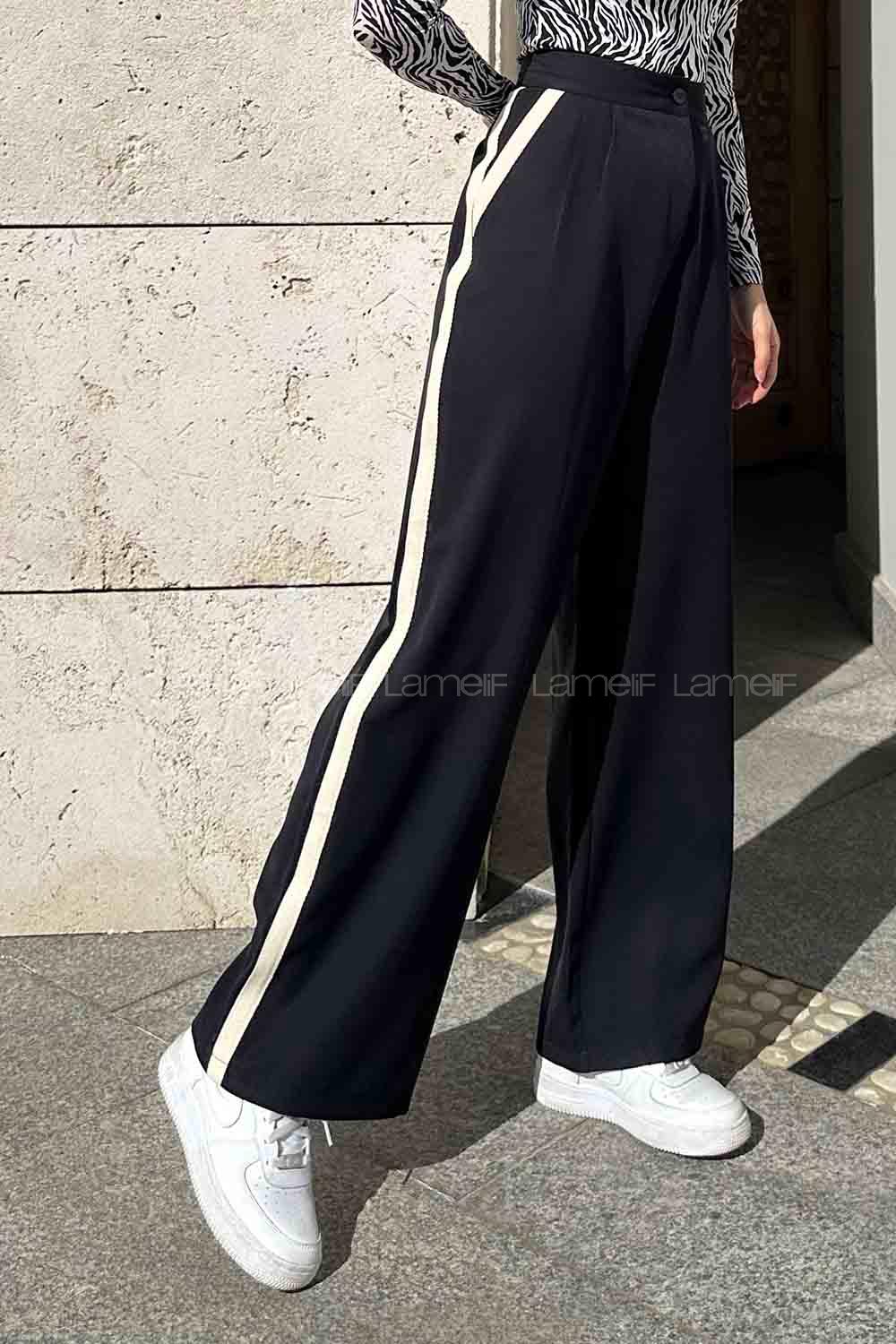 Lamelif Şerit Detaylı Palazzo Pantolon Siyah
