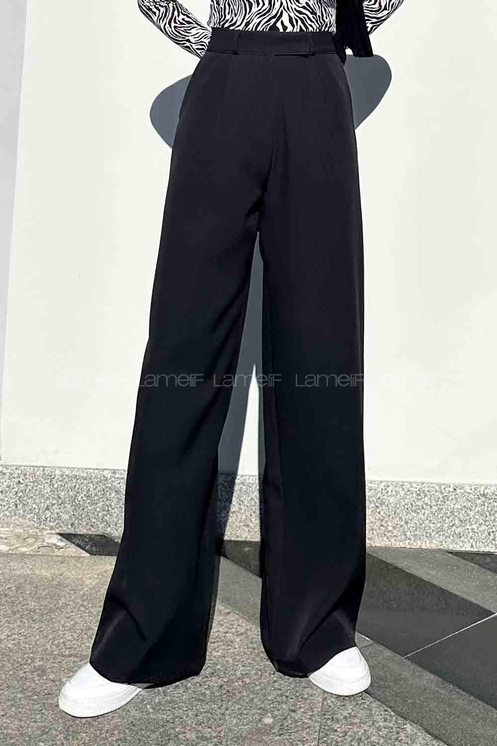 Lamelif Yüksek Bel Bol Paça Pantolon Siyah