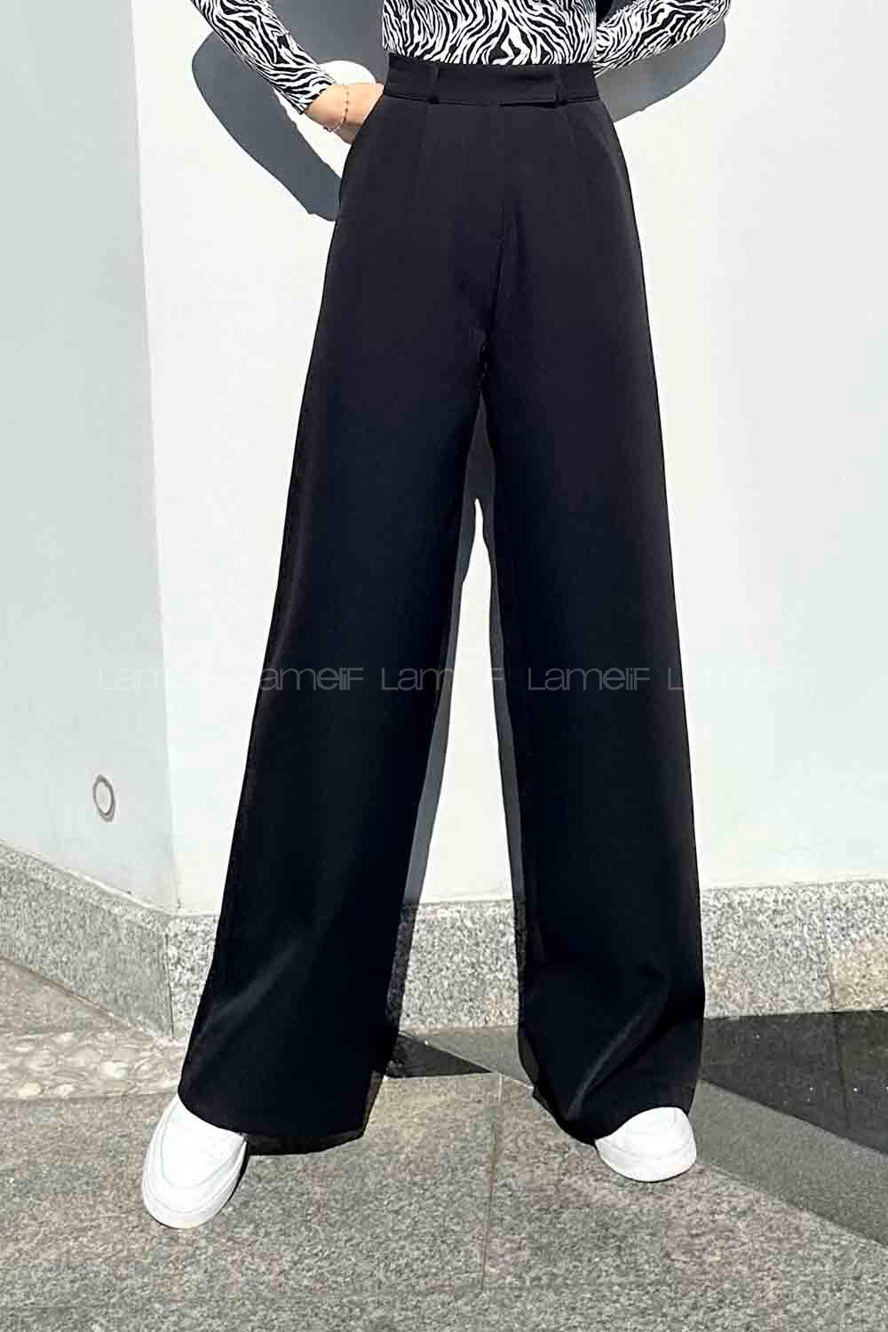 Lamelif Yüksek Bel Bol Paça Pantolon Siyah