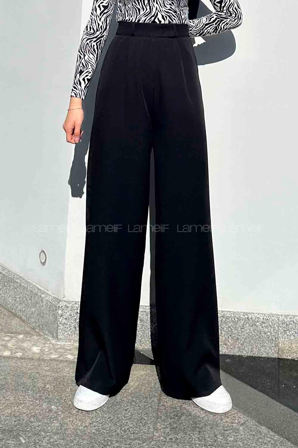 Lamelif Yüksek Bel Bol Paça Pantolon Siyah