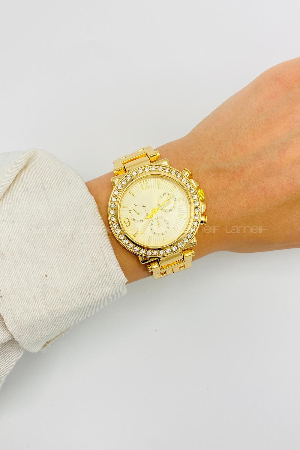 Lamelif Gold Metal Kordon Taş Detaylı Kol Saati