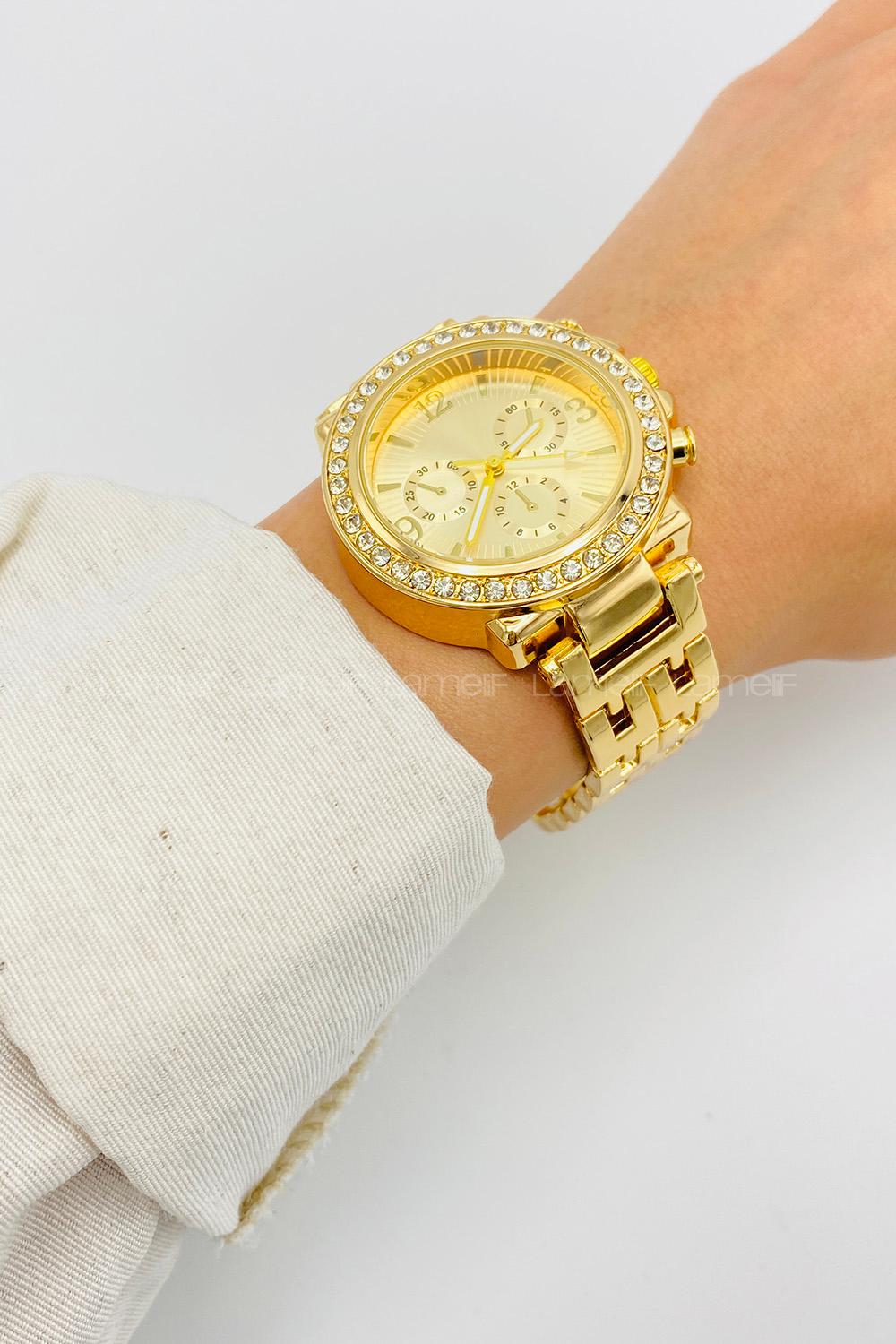 Lamelif Gold Metal Kordon Taş Detaylı Kol Saati