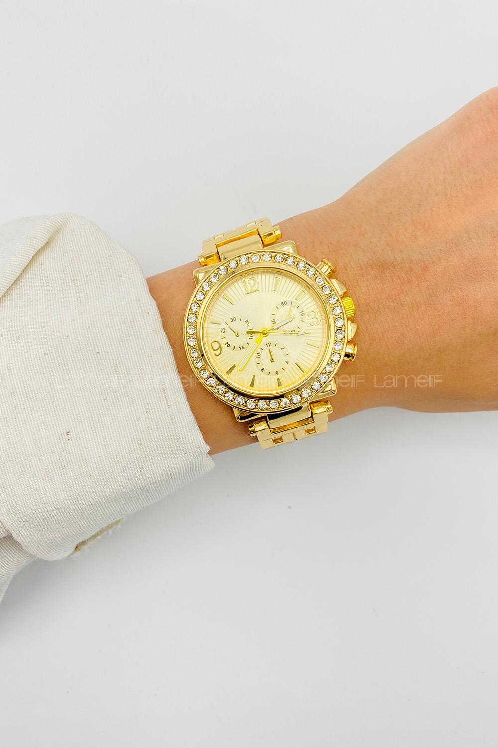 Lamelif Gold Metal Kordon Taş Detaylı Kol Saati