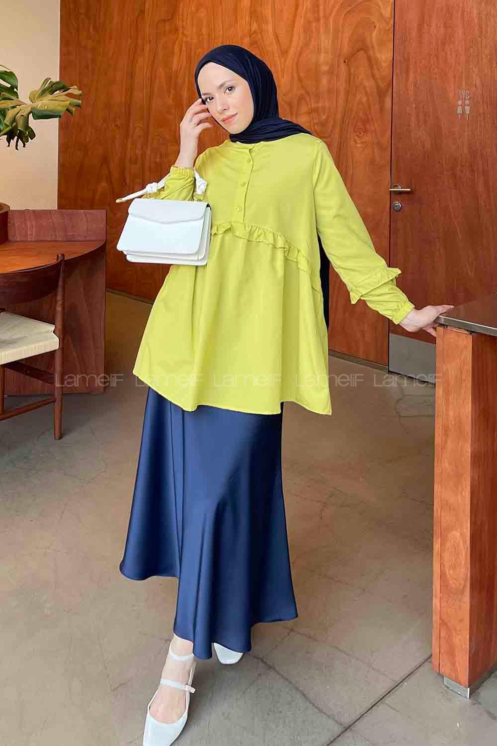 Oil Green Mandarin Collar Cotton Fabric Unprinted Tunic