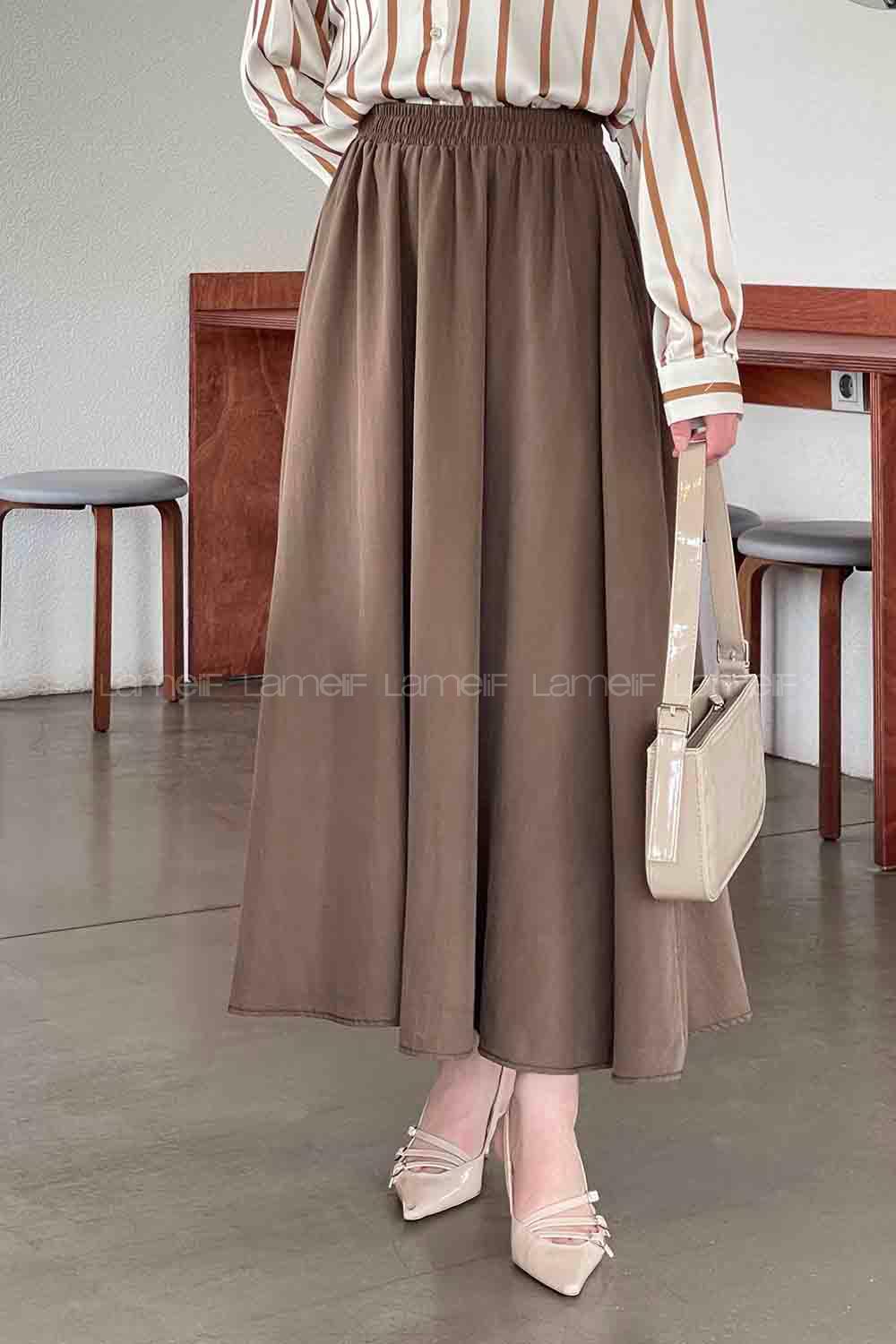 Lamelif Cep Detaylı Tensel Kloş Etek Kahve