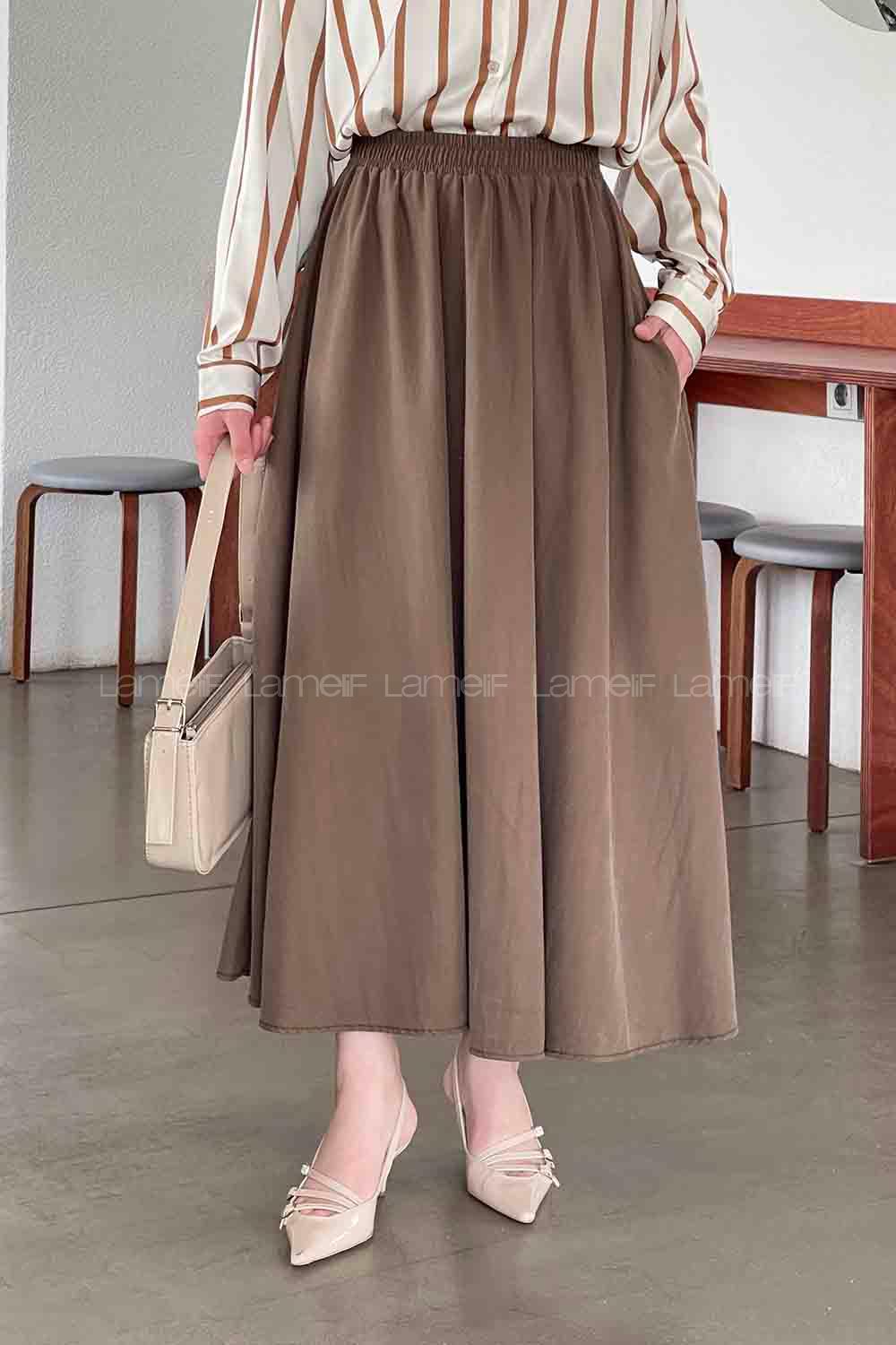 Lamelif Cep Detaylı Tensel Kloş Etek Kahve