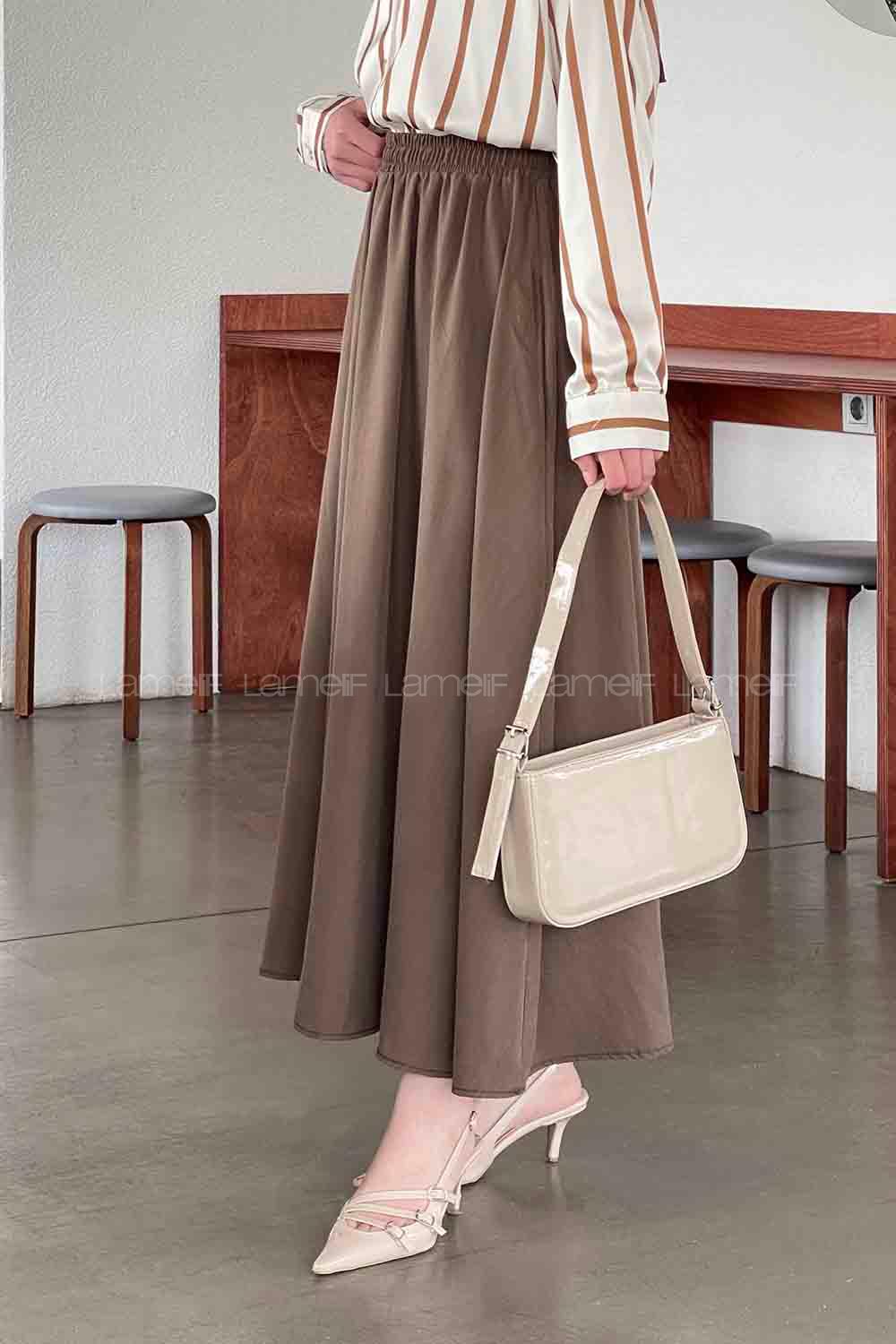 Lamelif Cep Detaylı Tensel Kloş Etek Kahve