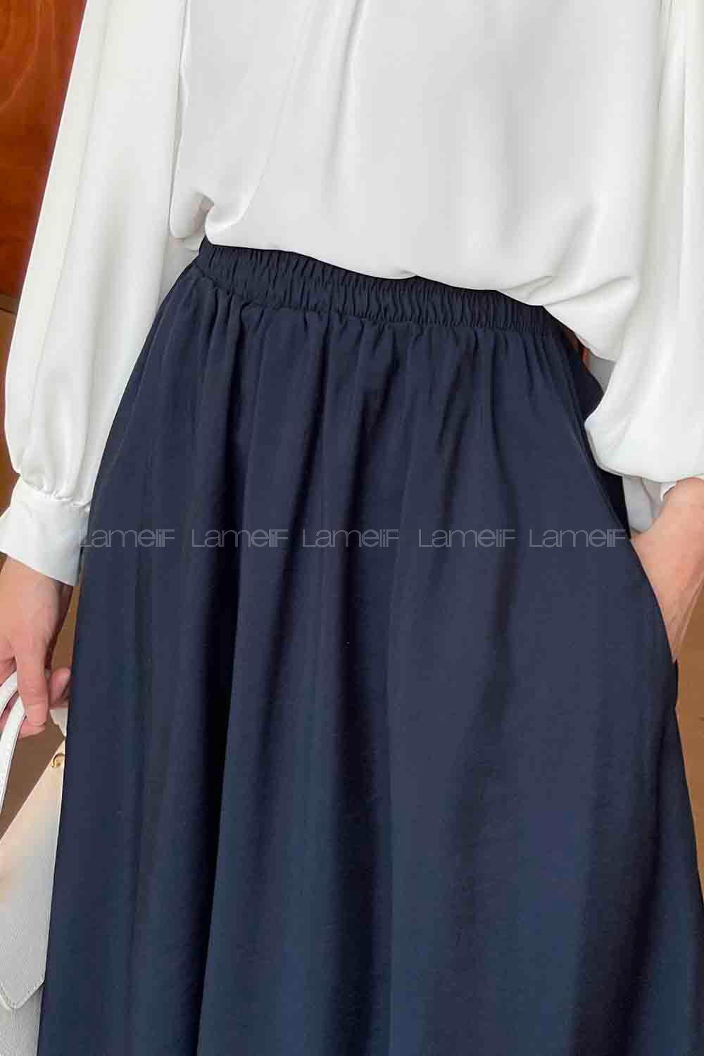 Lamelif Cep Detaylı Tensel Kloş Etek Lacivert