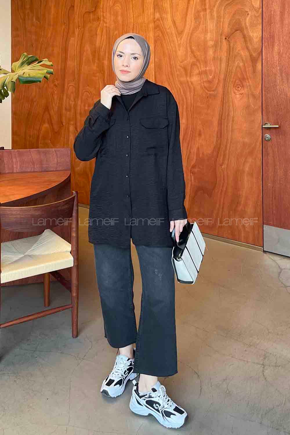 Lamelif Çift Cep Detaylı Ayrobin Gömlek Siyah