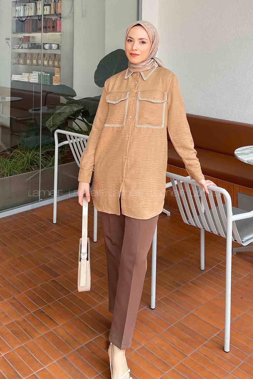 Lamelif Çoban Dikişli Keten Gömlek Sütlü Kahve