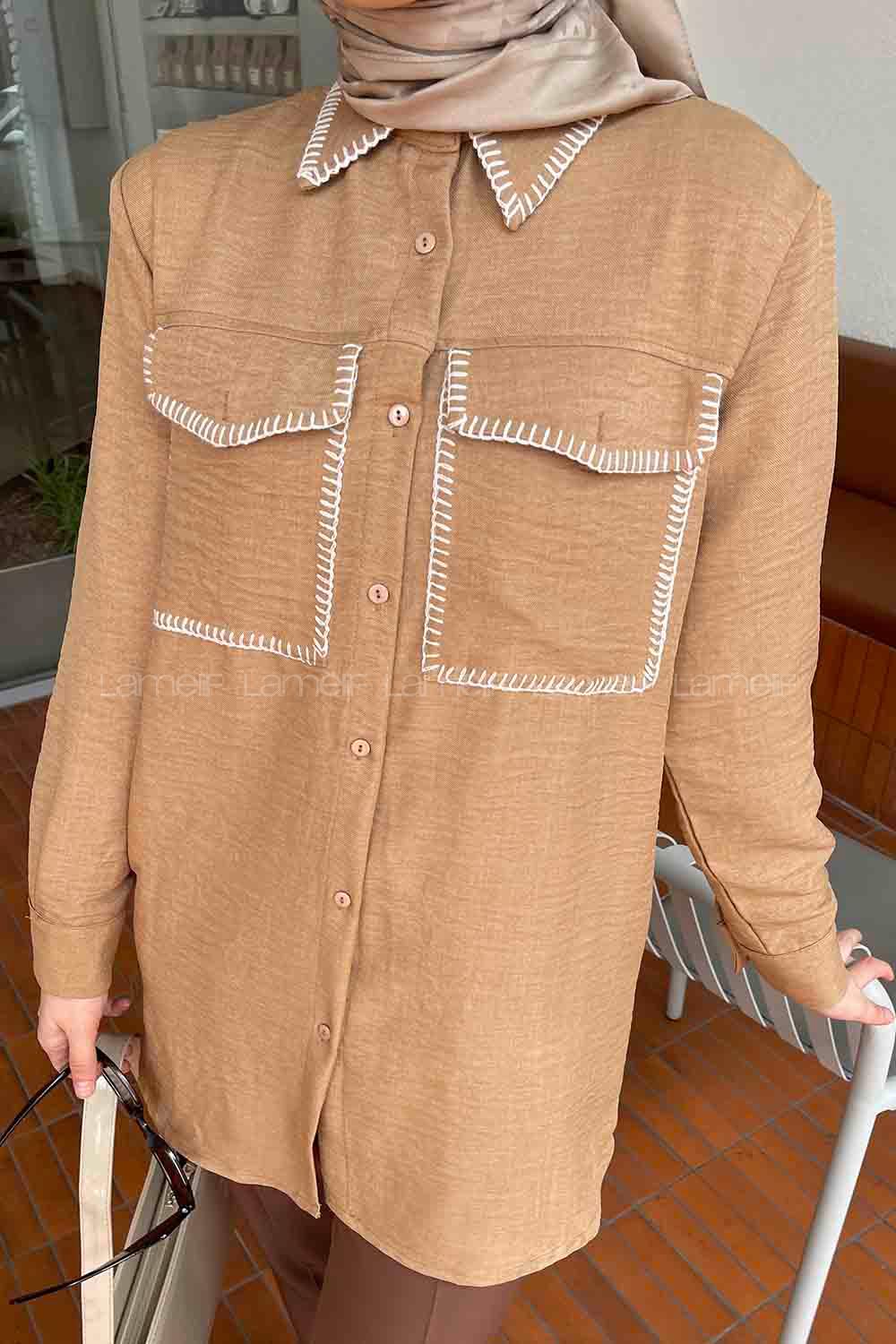 Lamelif Çoban Dikişli Keten Gömlek Sütlü Kahve