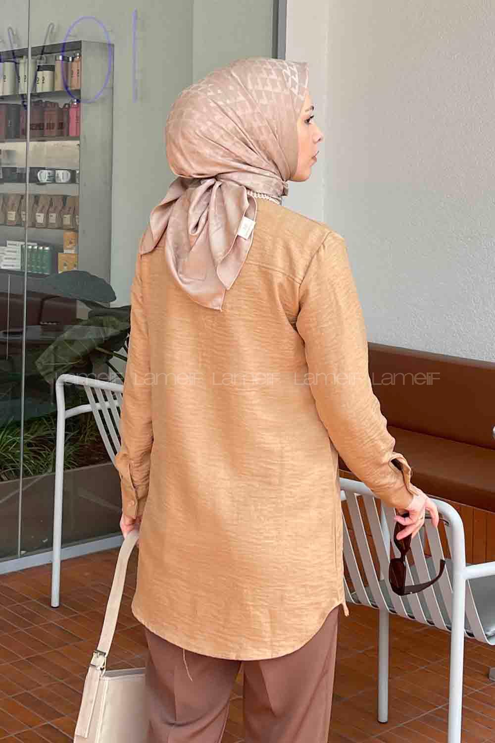 Lamelif Çoban Dikişli Keten Gömlek Sütlü Kahve