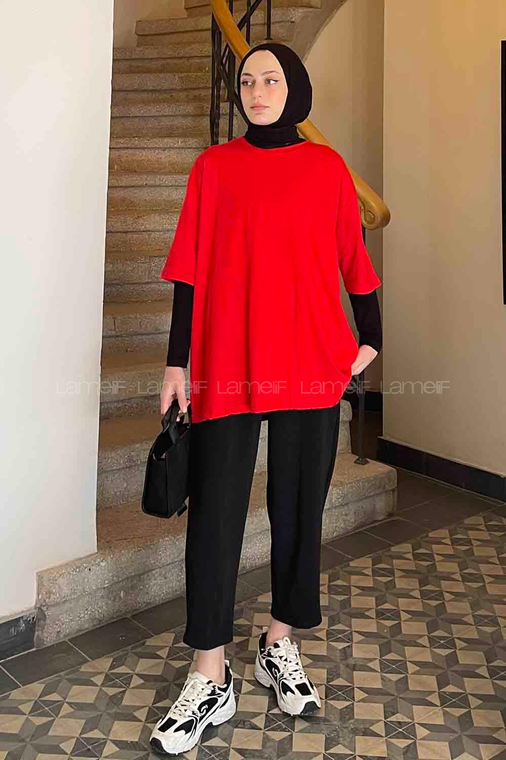 Red Loose Crew Neck Short Arm Cotton Fabric T-shirt