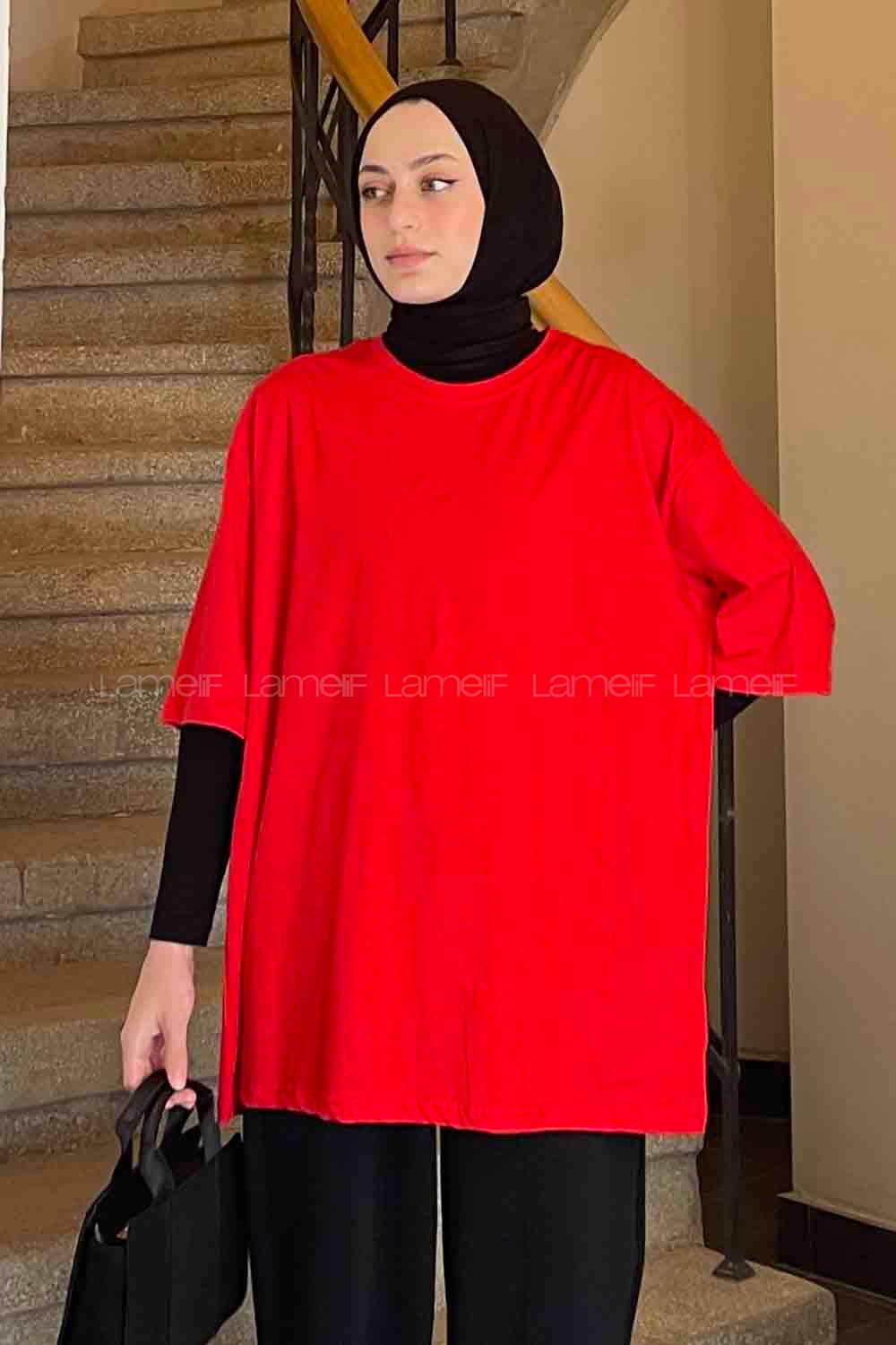 Red Loose Crew Neck Short Arm Cotton Fabric T-shirt