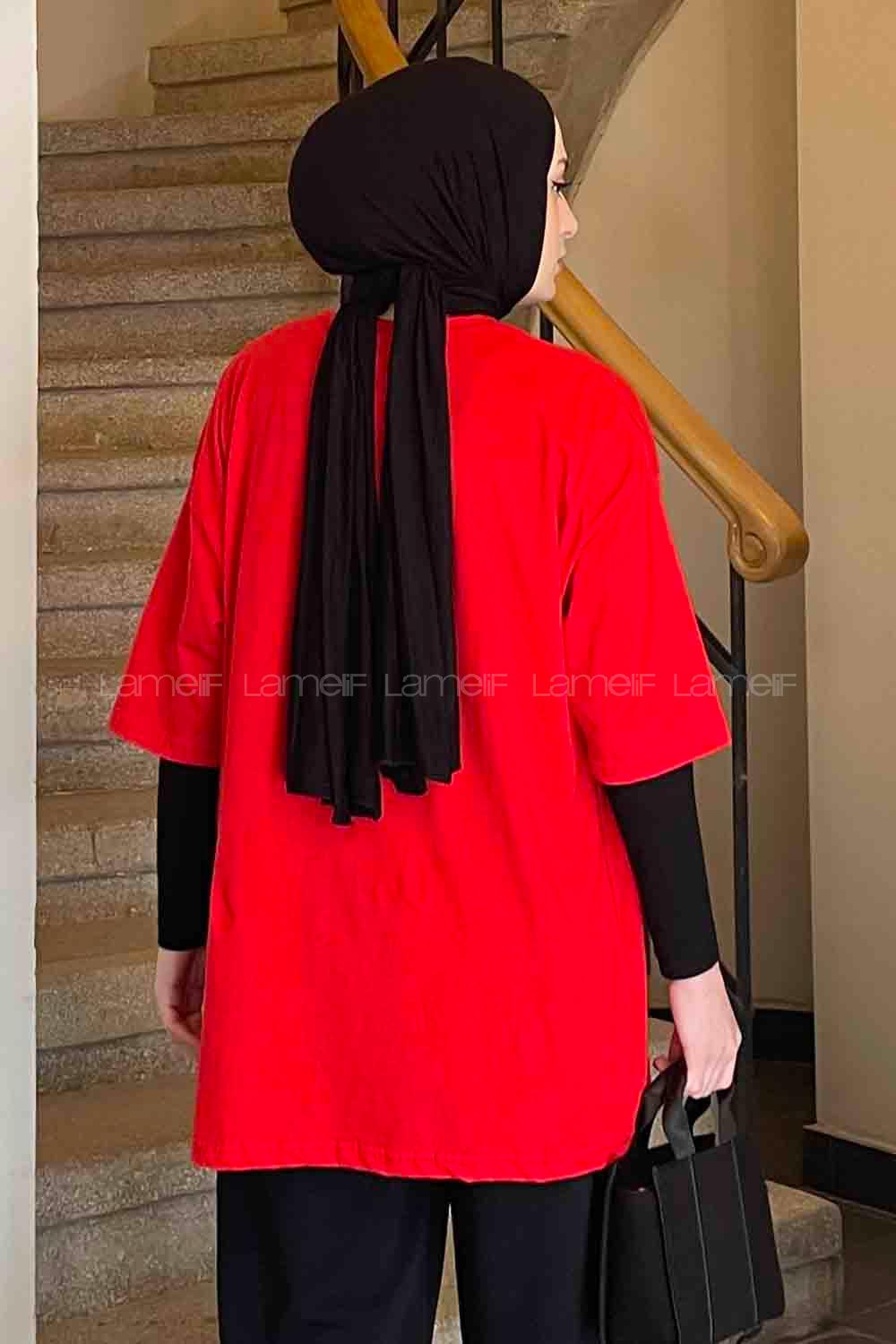 Red Loose Crew Neck Short Arm Cotton Fabric T-shirt