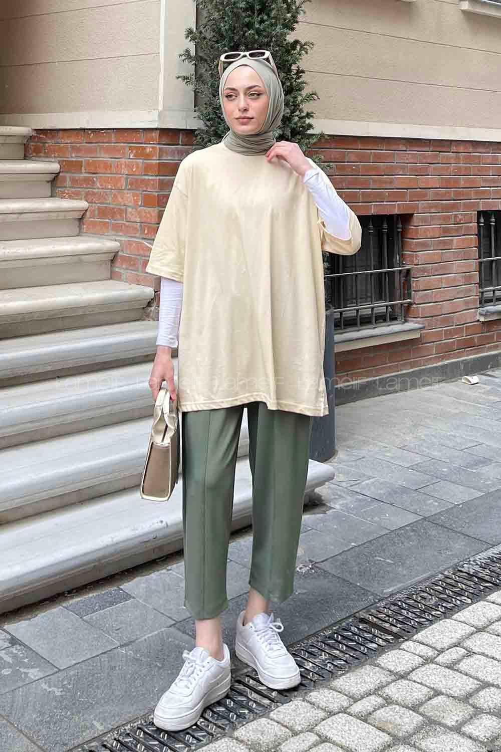 Cream Loose Crew Neck Short Arm Cotton Fabric T-shirt