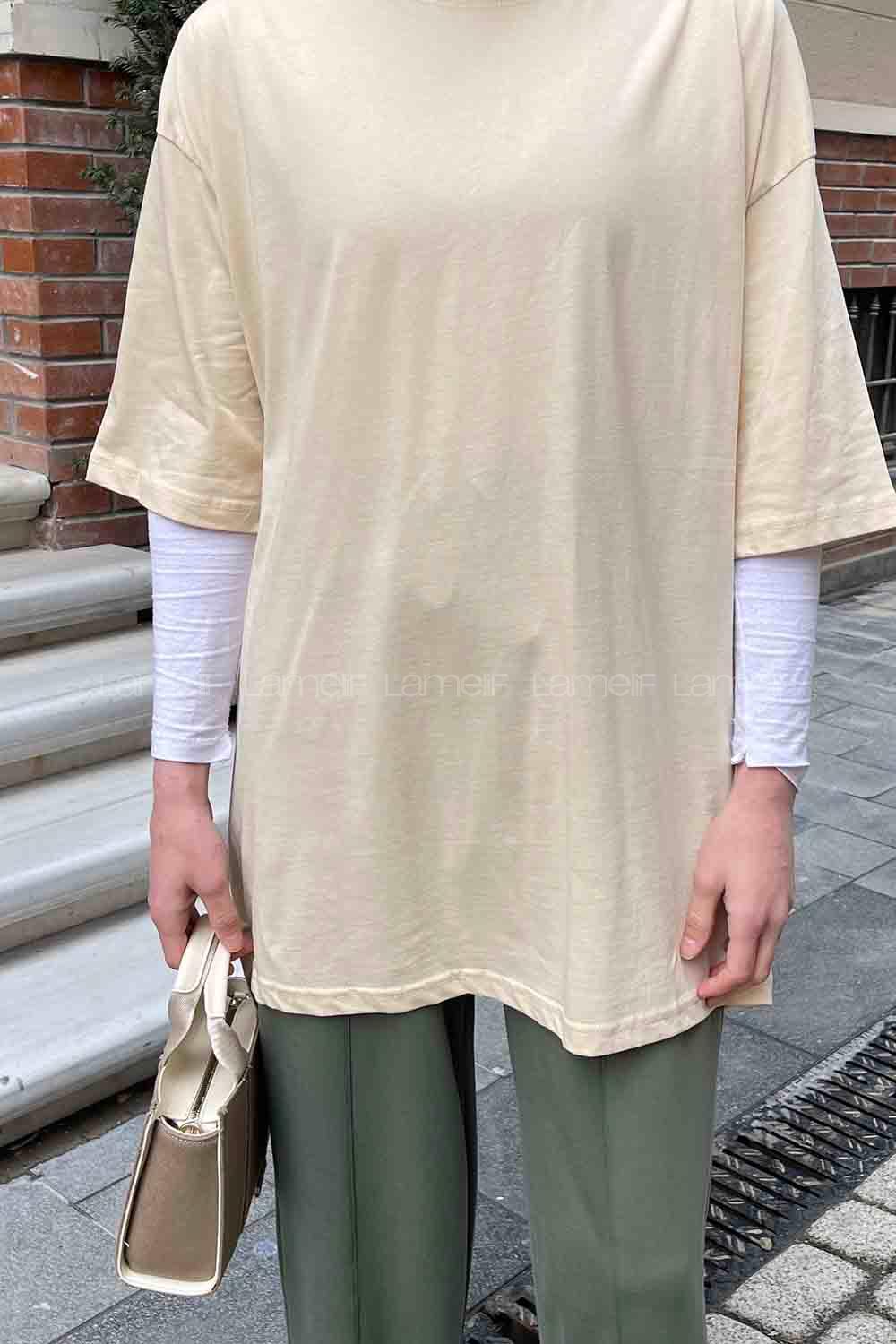 Cream Loose Crew Neck Short Arm Cotton Fabric T-shirt