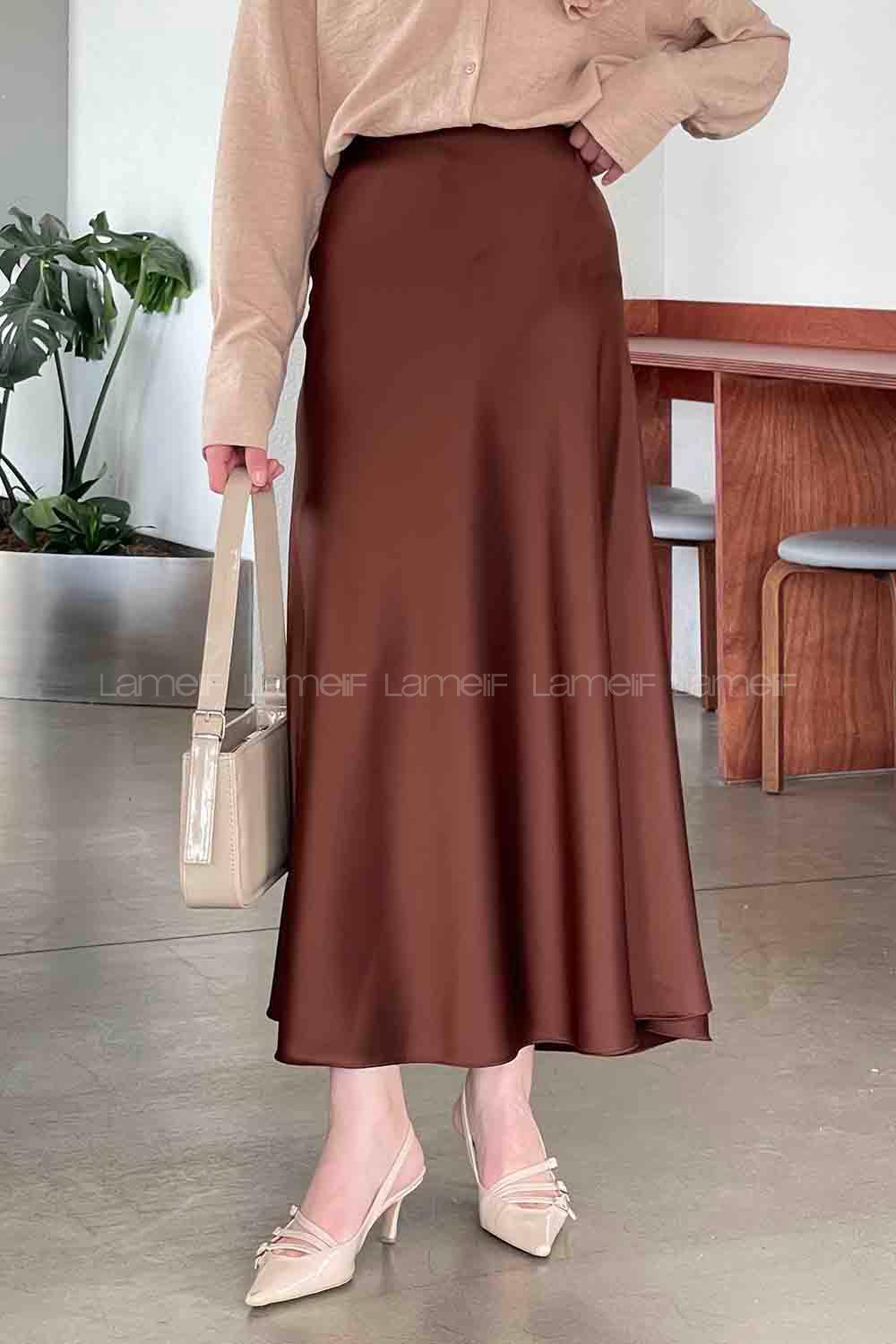 Lamelif Premium Düz Saten Çan Etek Acı Kahve