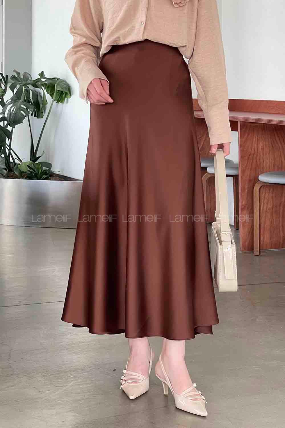 Lamelif Premium Düz Saten Çan Etek Acı Kahve