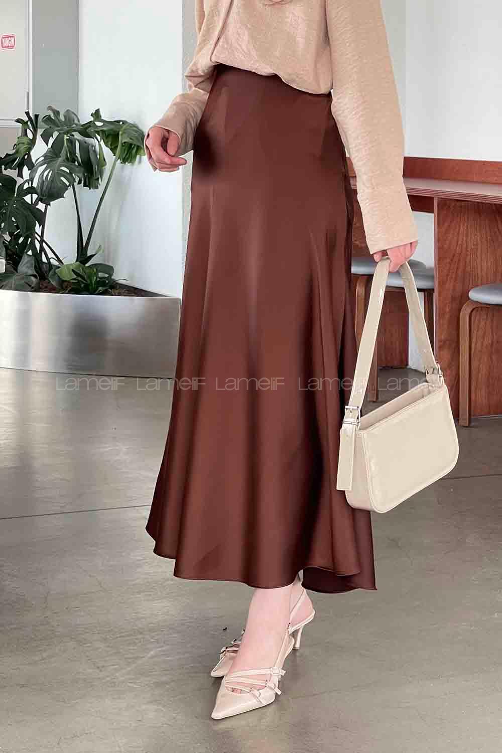 Lamelif Premium Düz Saten Çan Etek Acı Kahve