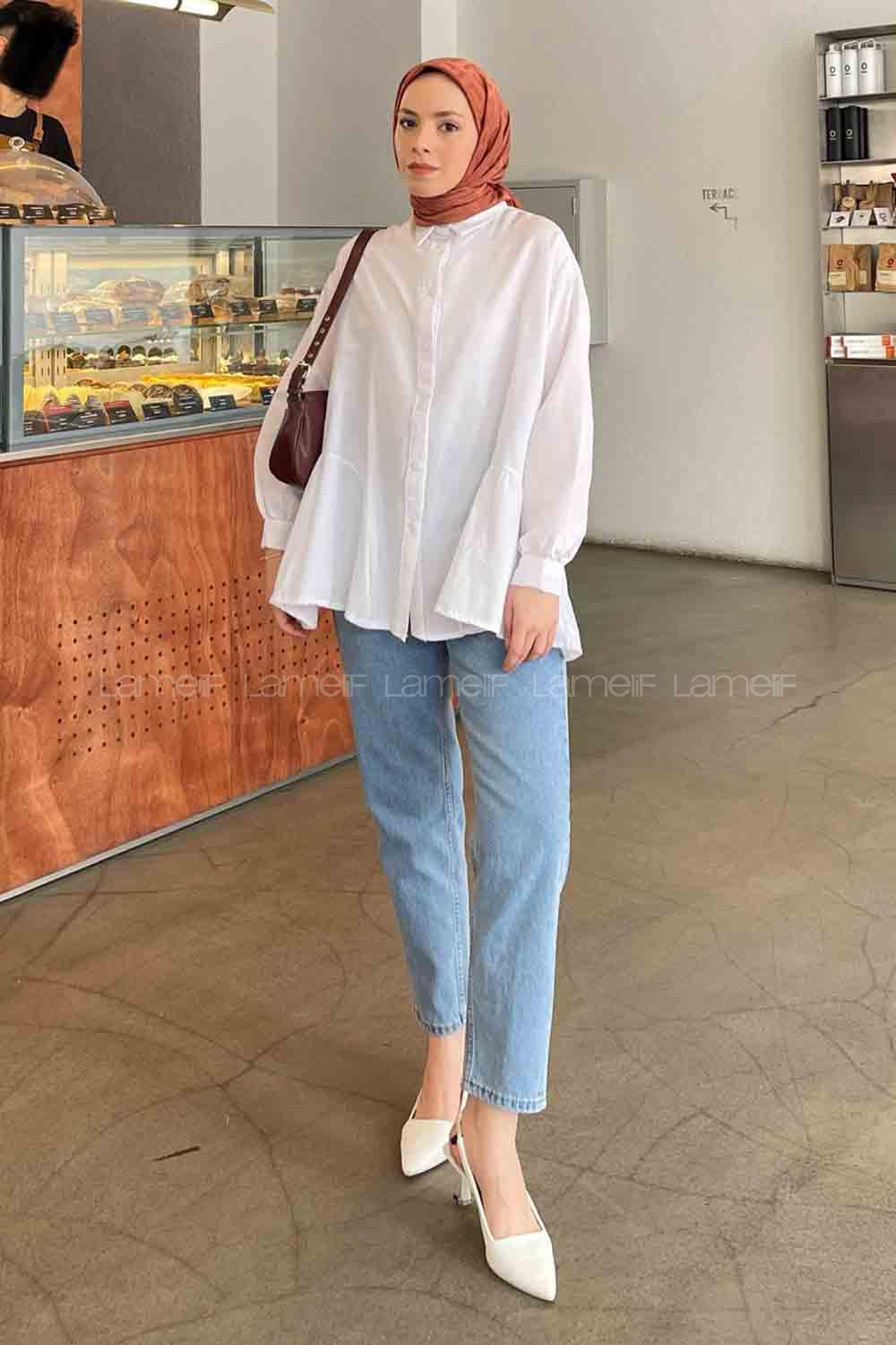 Lamelif Etek Ucu Parçalı Poplin Gömlek Beyaz