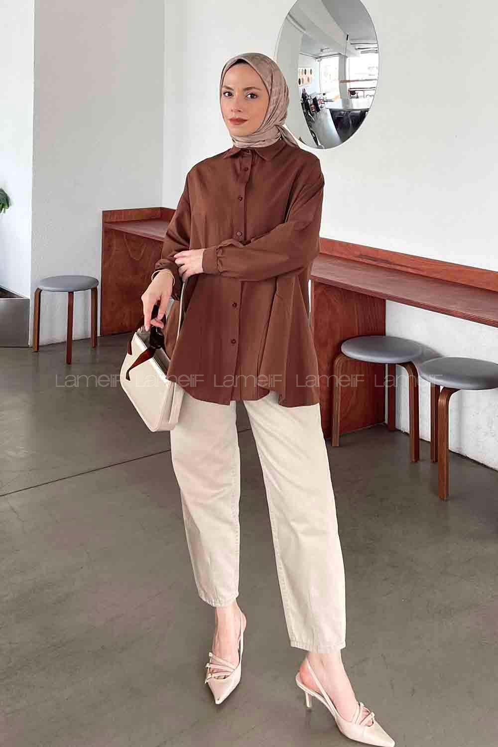 Brown Shirt Collar Long Arm Cotton Unprinted Shirt