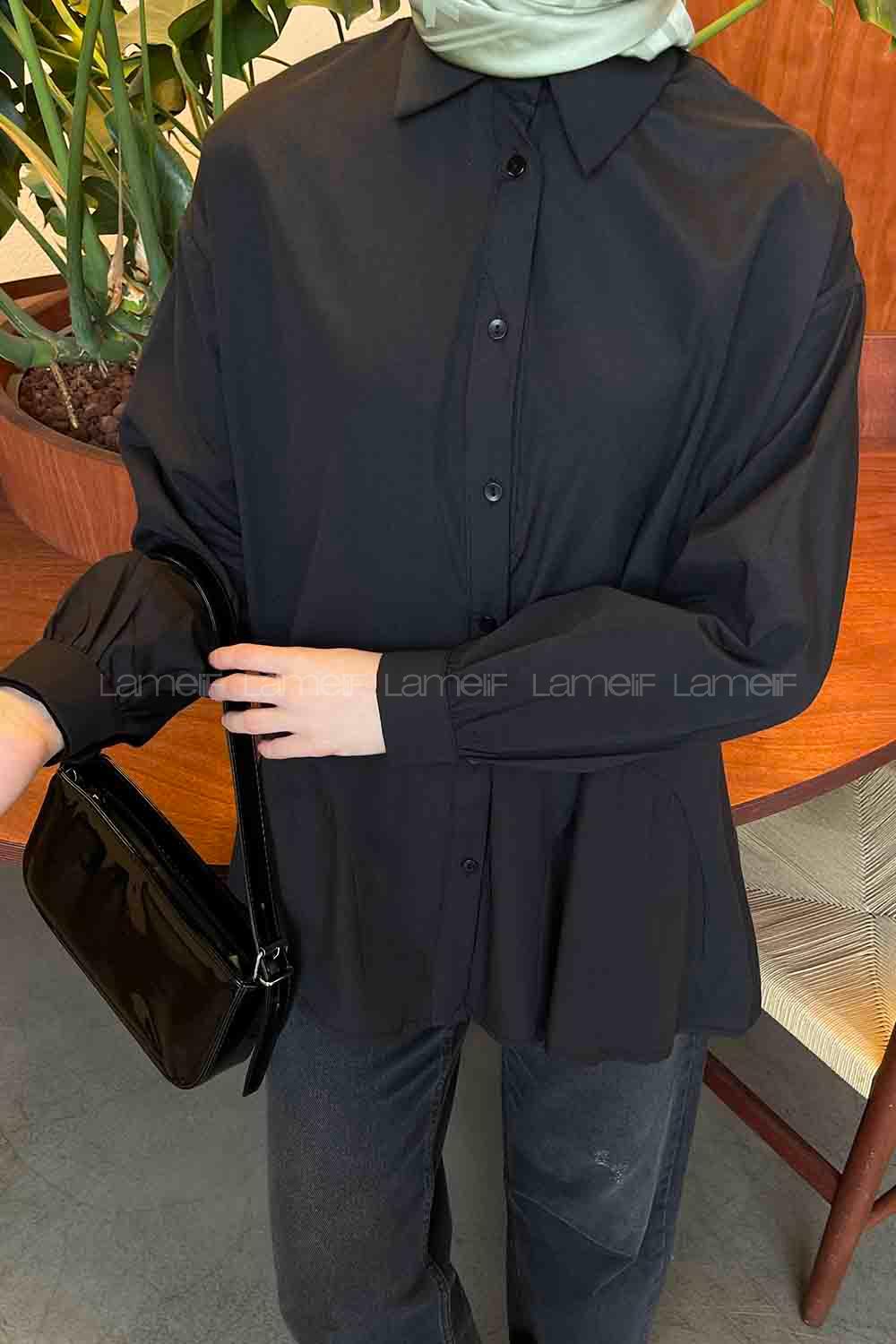 Black Shirt Collar Long Arm Cotton Unprinted Shirt