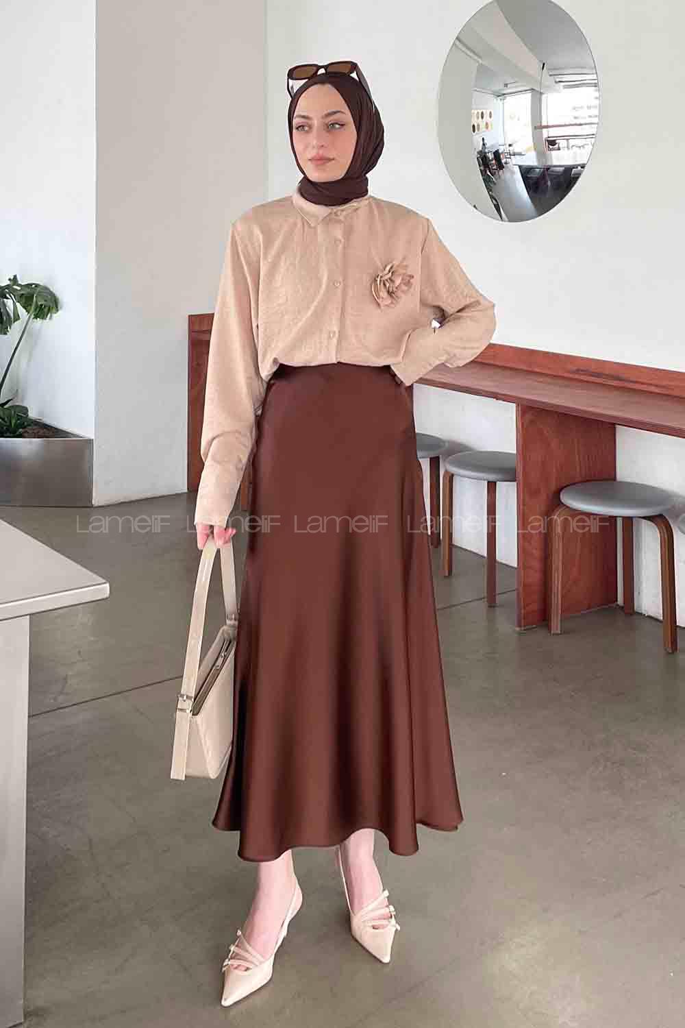 Lamelif Gül Broş Detaylı Keten Gömlek Sütlü Kahve