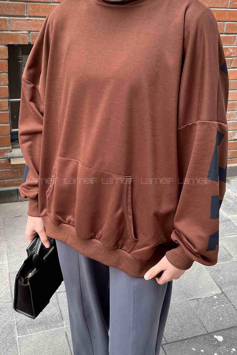 Brown Crew Neck Long Arm Printed Sweatshirt