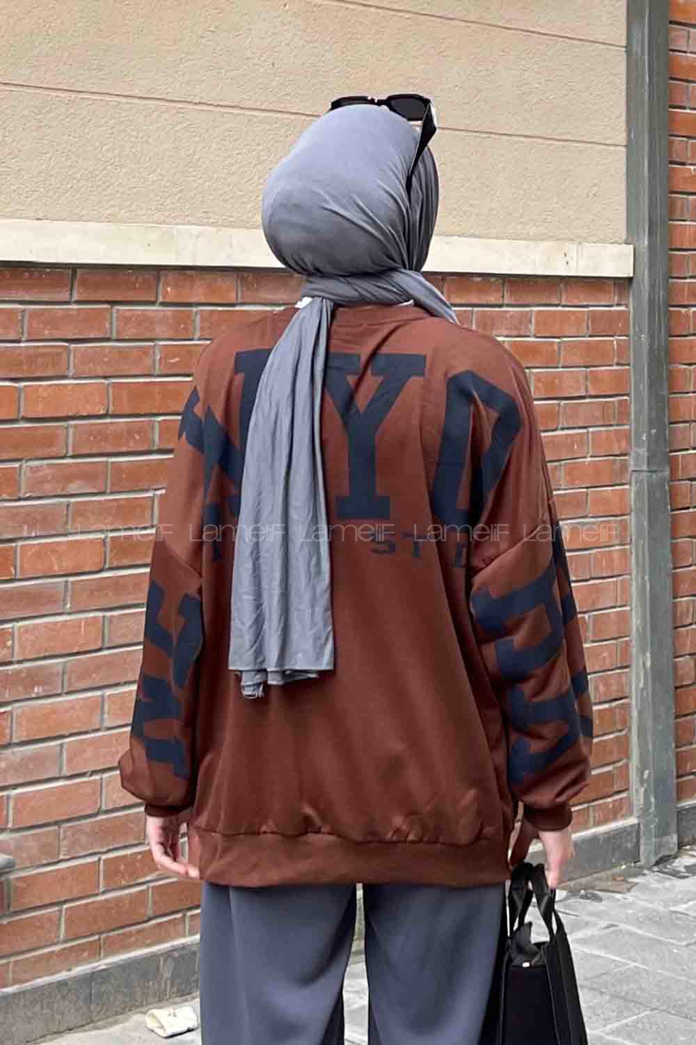 Brown Crew Neck Long Arm Printed Sweatshirt