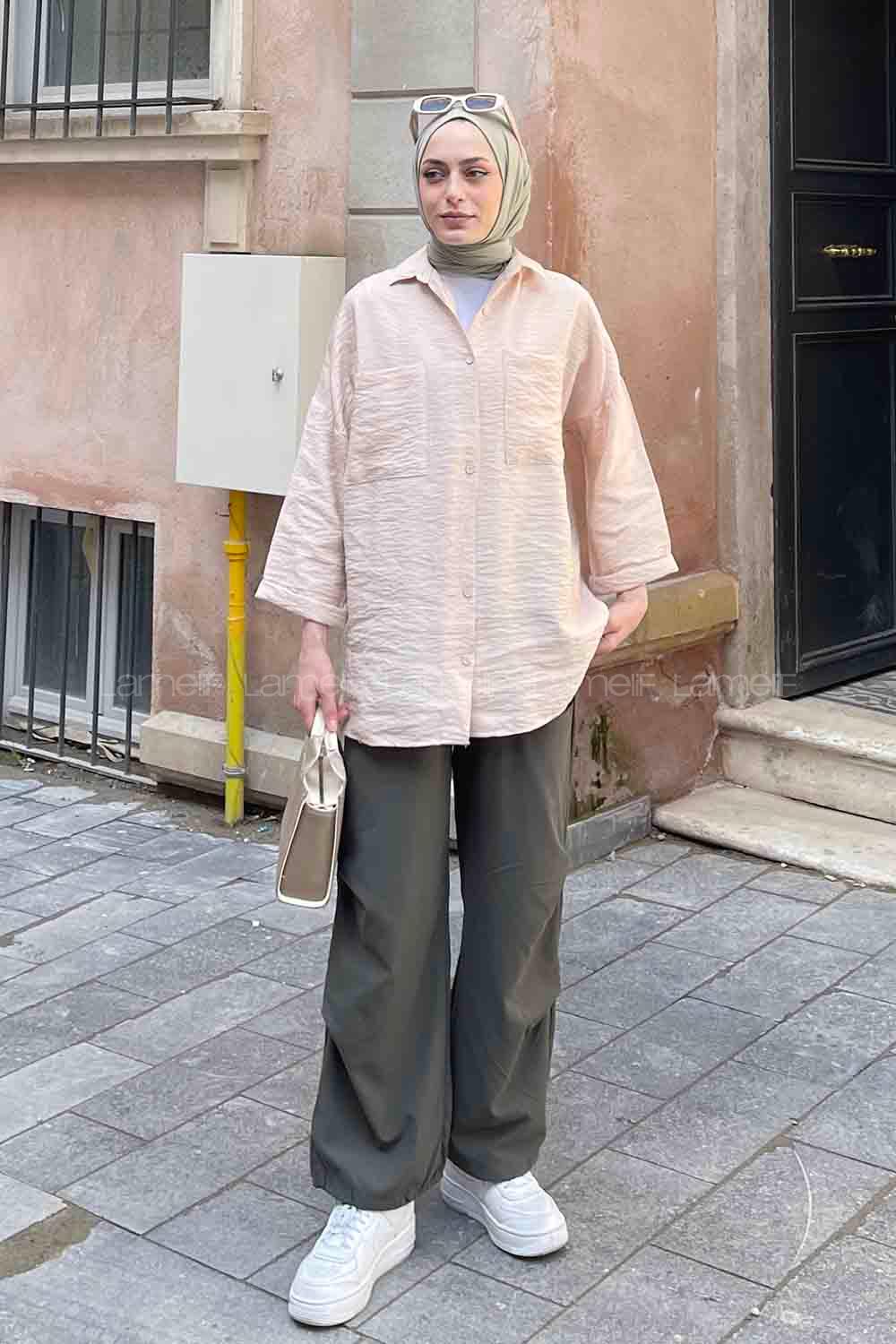 Lamelif Önü Cep Detaylı Duble Kol Kraş Gömlek Bej