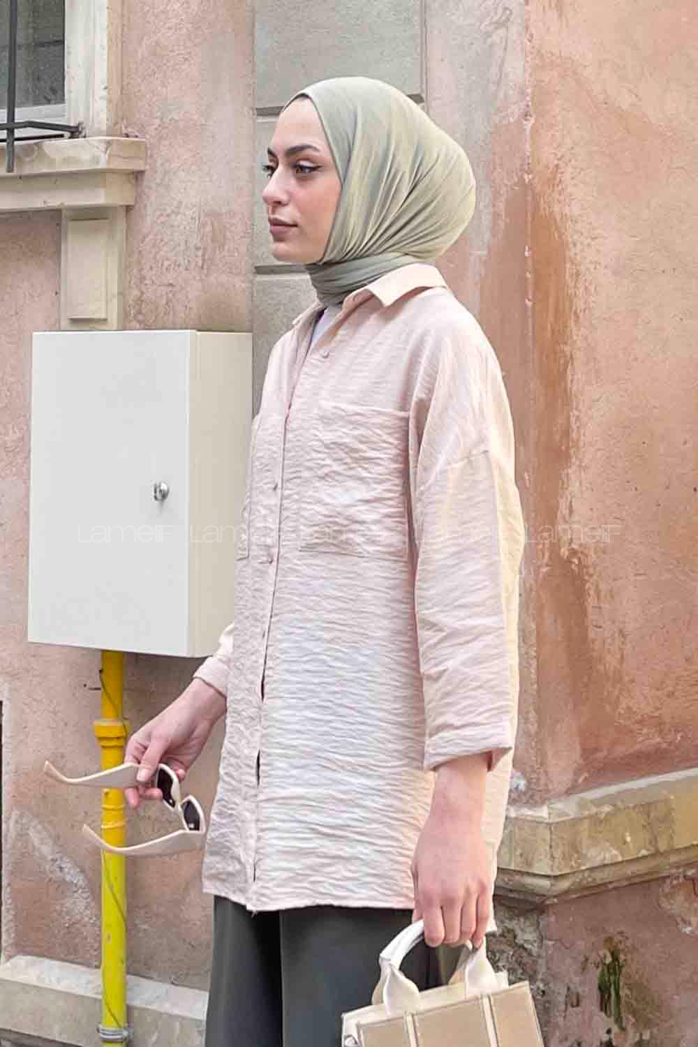 Lamelif Önü Cep Detaylı Duble Kol Kraş Gömlek Bej