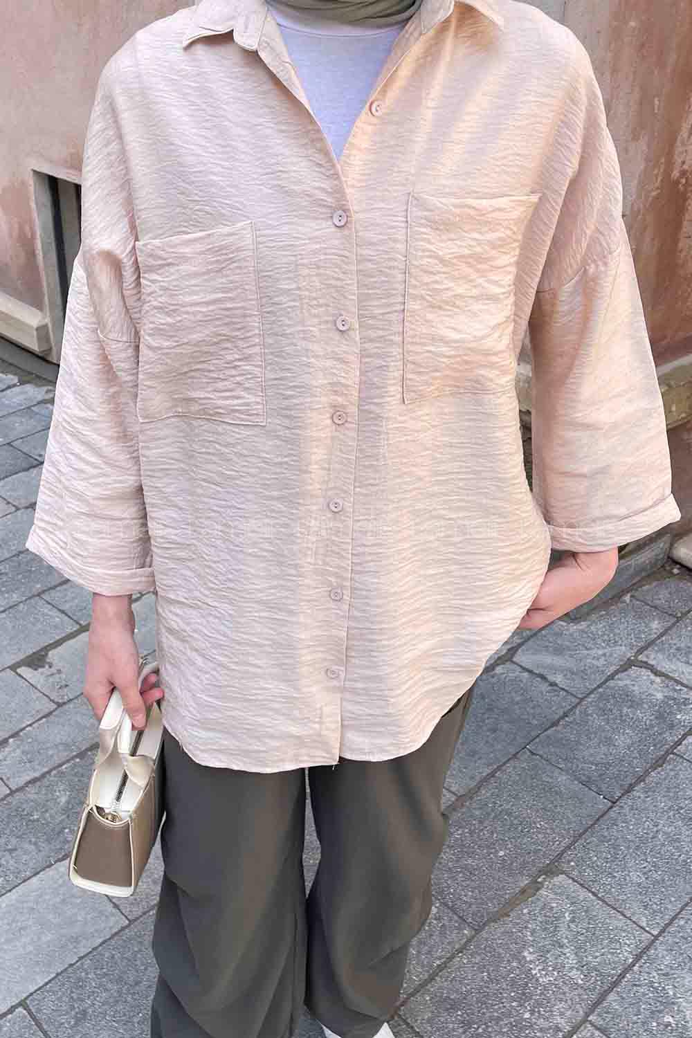 Lamelif Önü Cep Detaylı Duble Kol Kraş Gömlek Bej