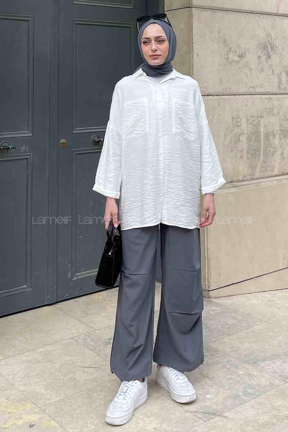 Lamelif Önü Cep Detaylı Duble Kol Kraş Gömlek Ekru