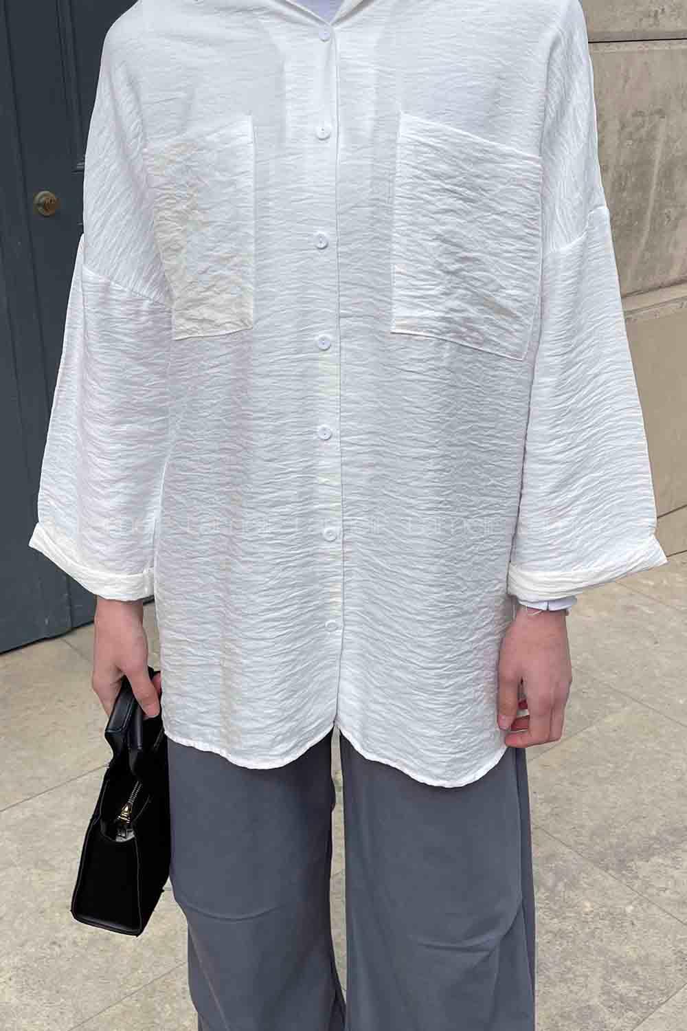 Lamelif Önü Cep Detaylı Duble Kol Kraş Gömlek Ekru