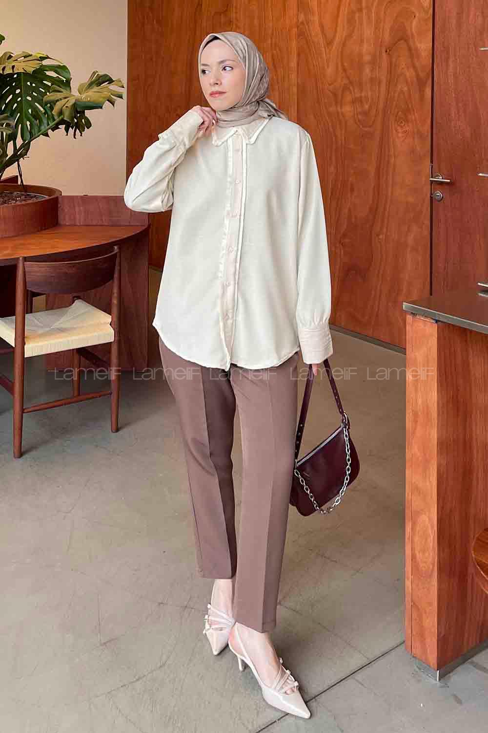 Lamelif Saçaklı Keten Gömlek Krem