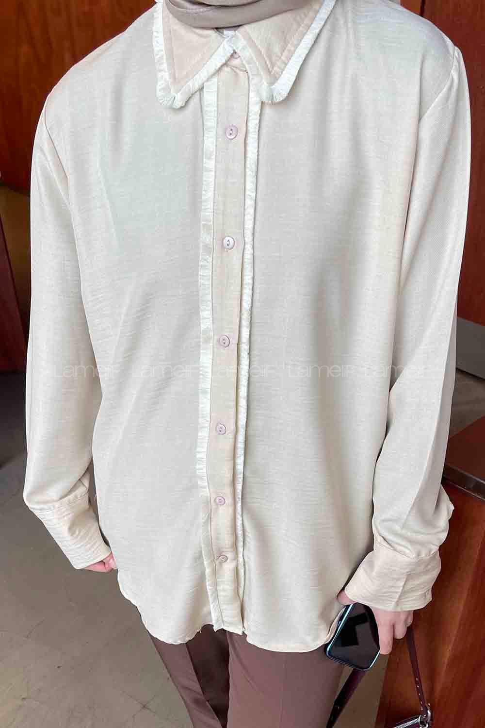 Lamelif Saçaklı Keten Gömlek Krem