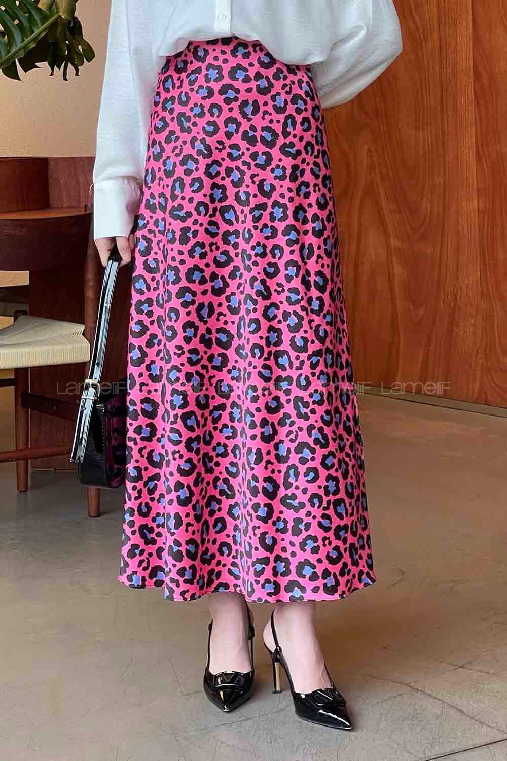 Lamelif Saten Pamuklu Leopar Etek Fuşya