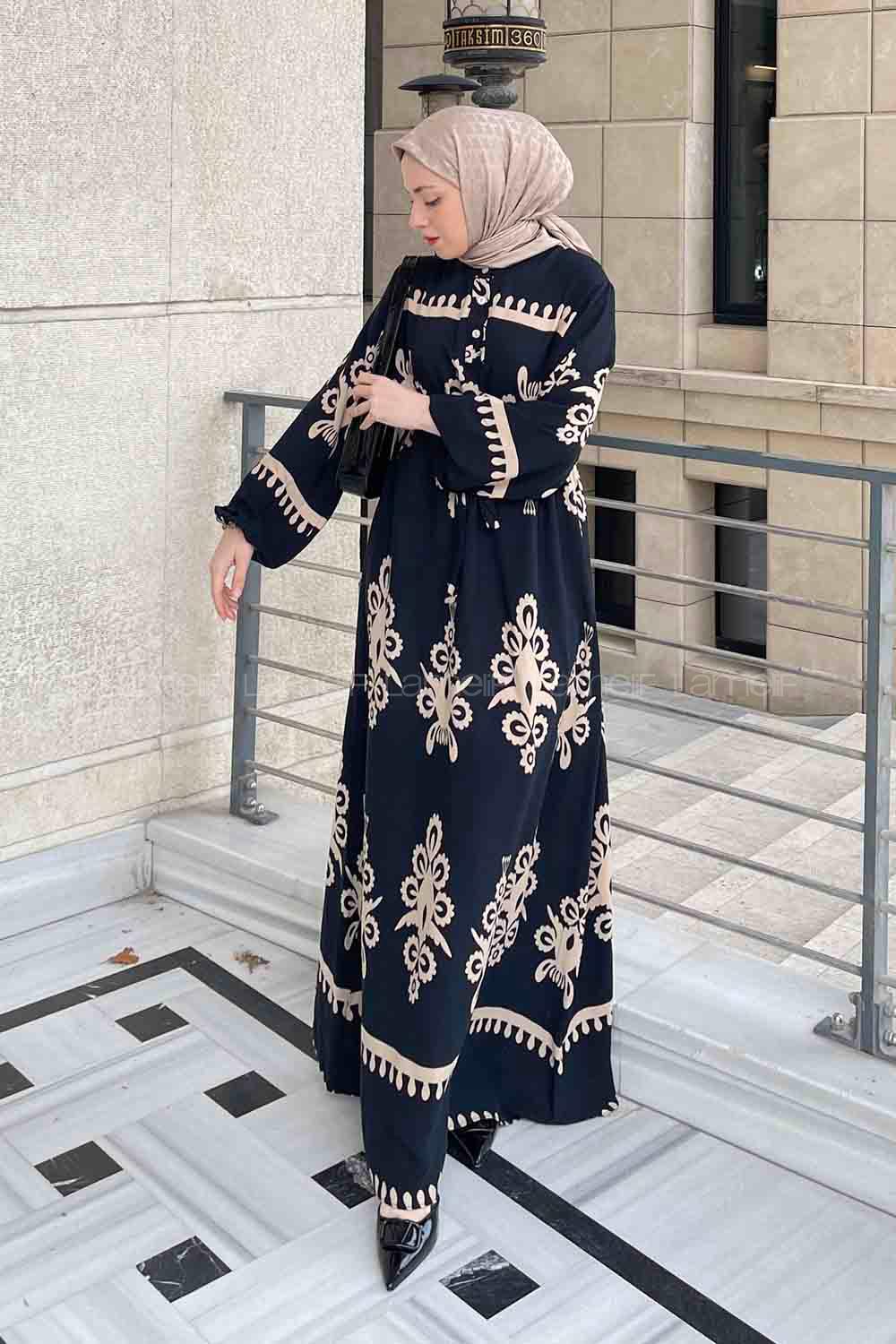 Lamelif Yaka Düğme Detaylı Desenli Elbise Siyah