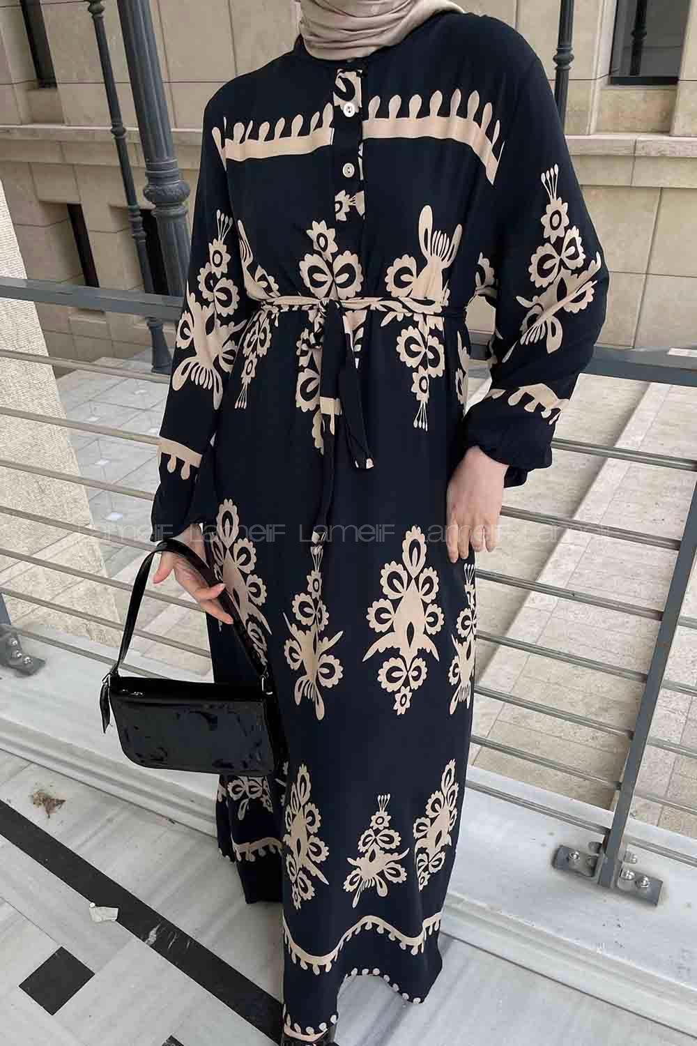 Lamelif Yaka Düğme Detaylı Desenli Elbise Siyah