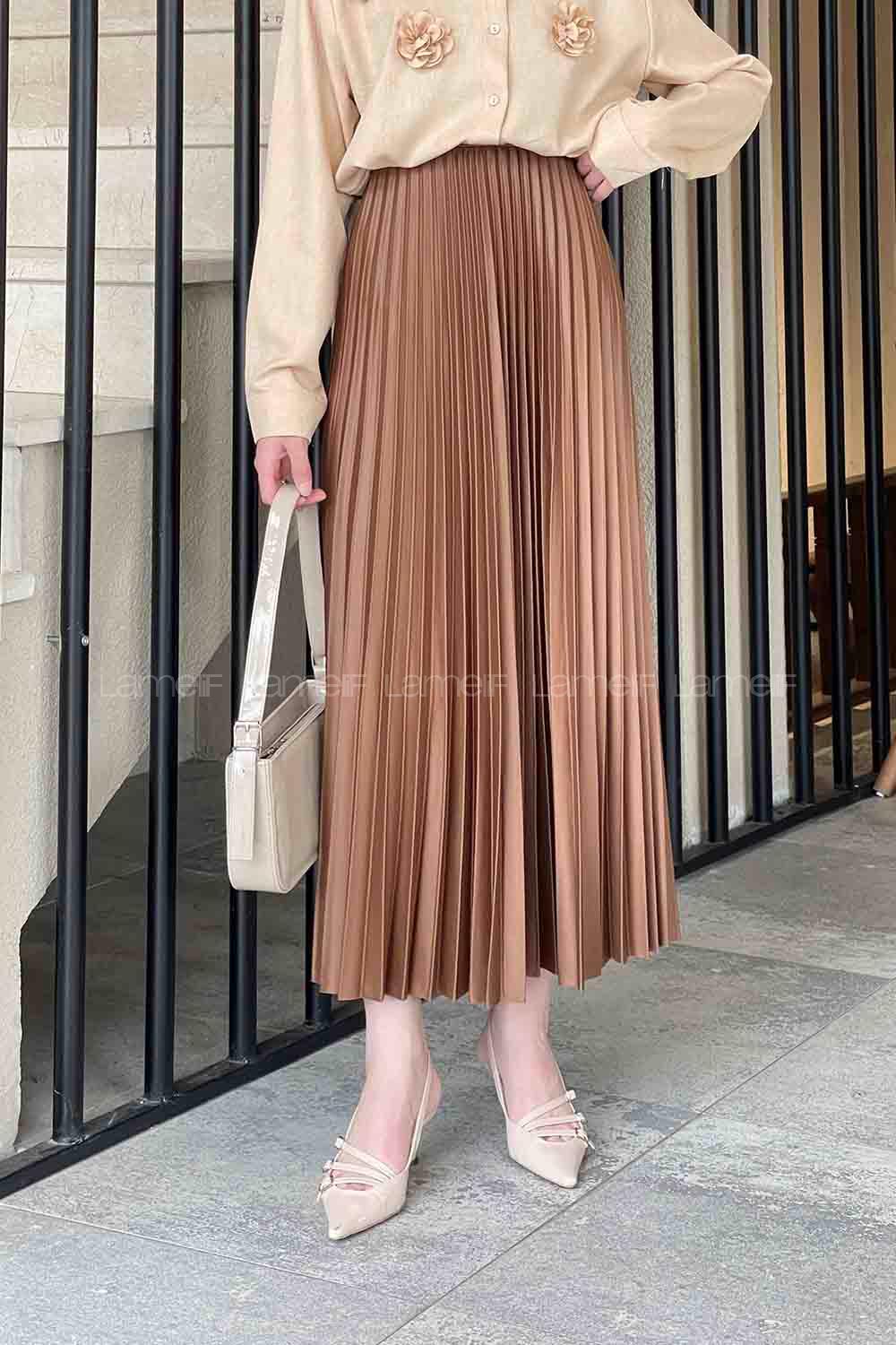 Lamelif Beli Elastik Detaylı Pliseli Etek Camel