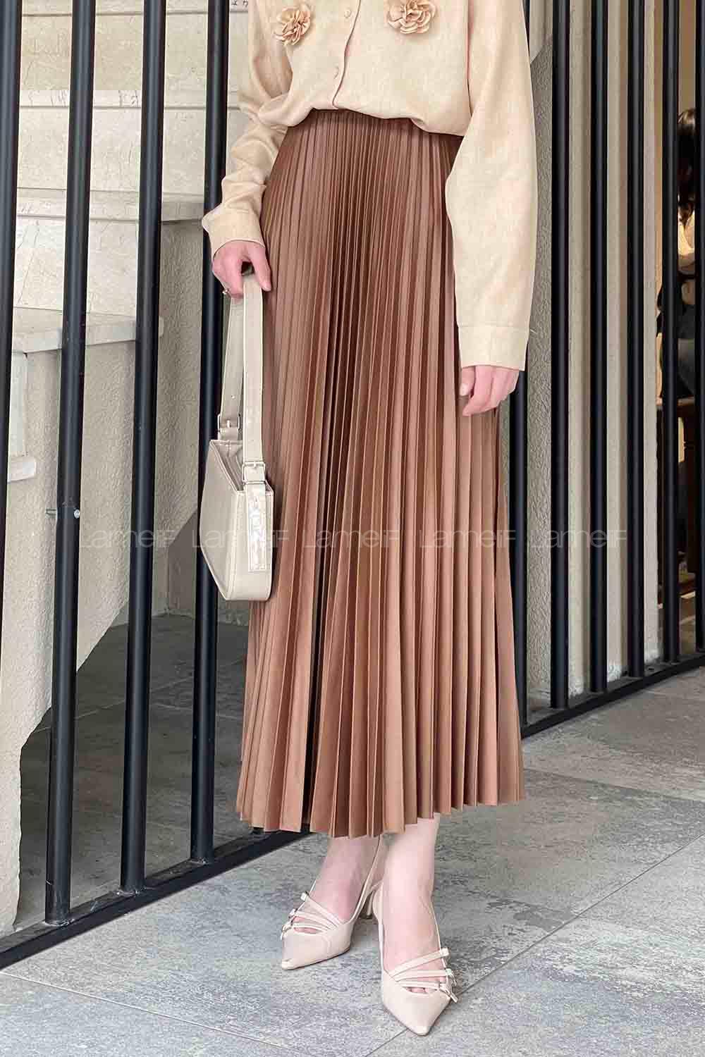 Lamelif Beli Elastik Detaylı Pliseli Etek Camel